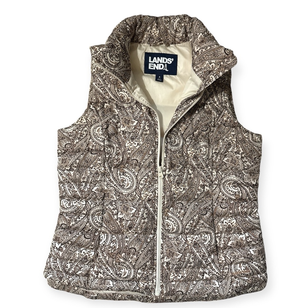 LANDS’ END | Women’s Paisley Floral Print Down Puffer Vest in Brown/ Cream